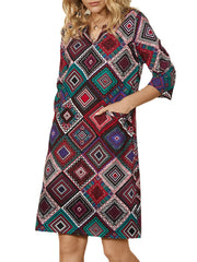 Women Ethnic Geometric Print 3/4 Sleeve Vintage Casual Dress With Pocket