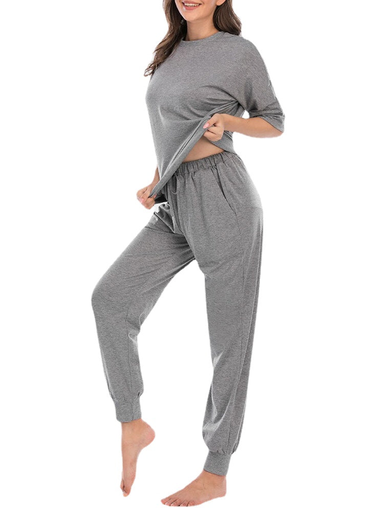 Women Solid Color Comfy Casual 3/4 Sleeve Top & Long Panty Pajama Sets