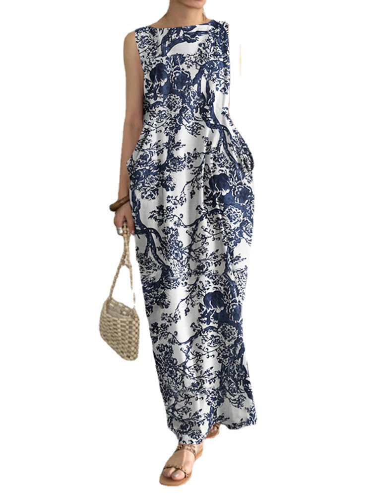 Sleeveless Round Neck Pocket Print Floral Maxi Dress