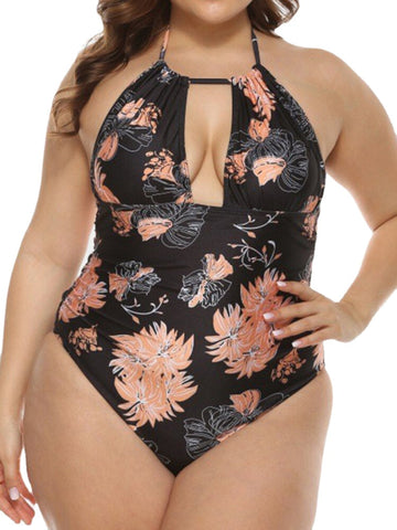 Plus Size Women Floral Print Halter Drawstring Backless One Pieces Swimwear