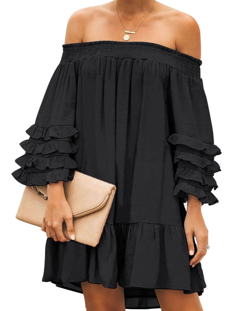 Off Shoulder Pleats Solid Casual Mini Dresses For Women