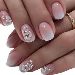 24pcs Glossy Short Square Fake Nails, White Pink Gradient Press On Nails with Flower Design