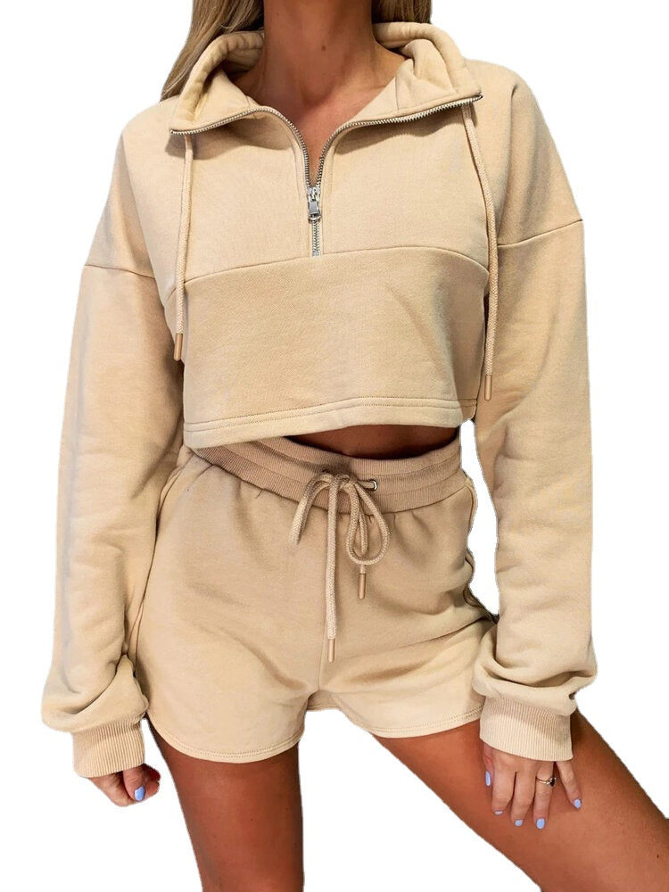 Women Half Zip Drop Shoulder Crop Top Drawstring Shorts Casaul Two-Piece Set