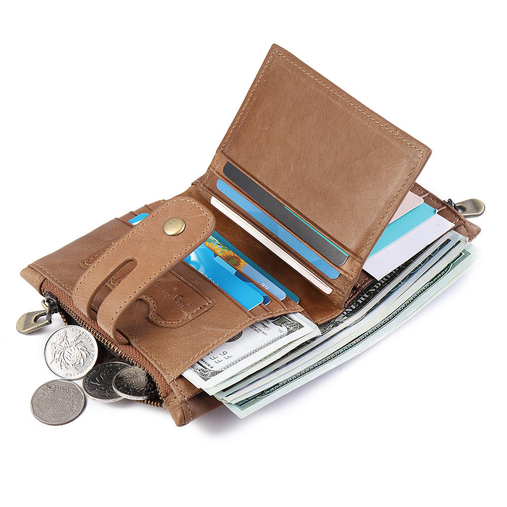 Men Women Retro Genuine Leather Tri-fold Wallet Card Holder Double Zipper