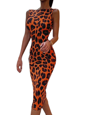 Women's Sleeveless Leopard Backless Crew Neck Sexy Slim Dress