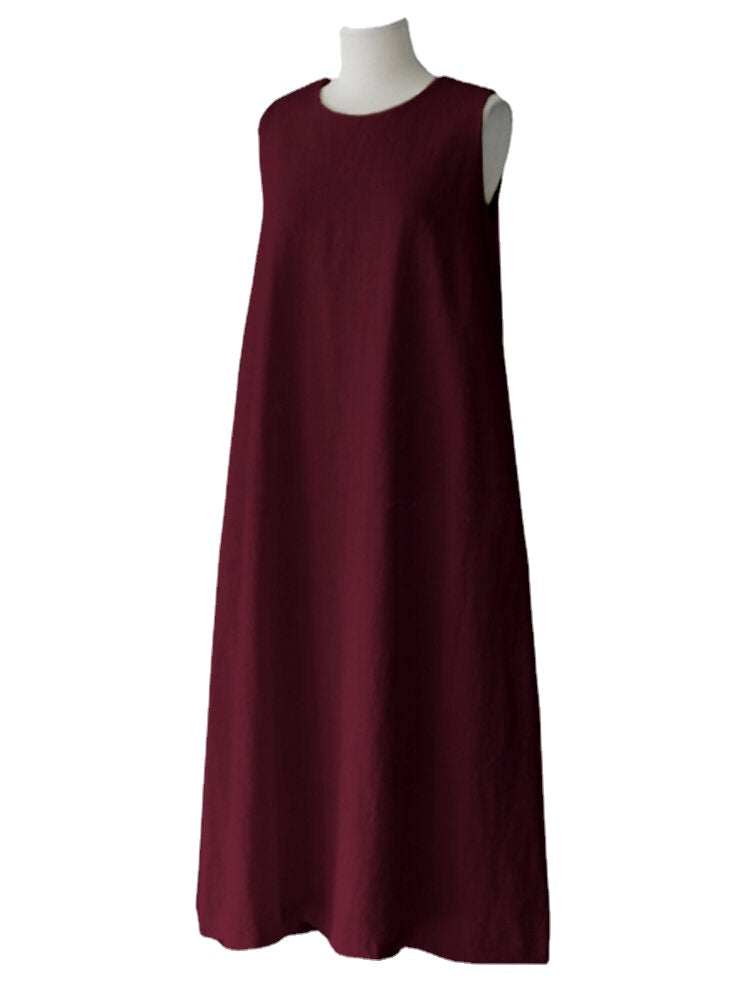 Women Solid Color Sleeveless O-Neck Casual Elegant Dress With Pockets