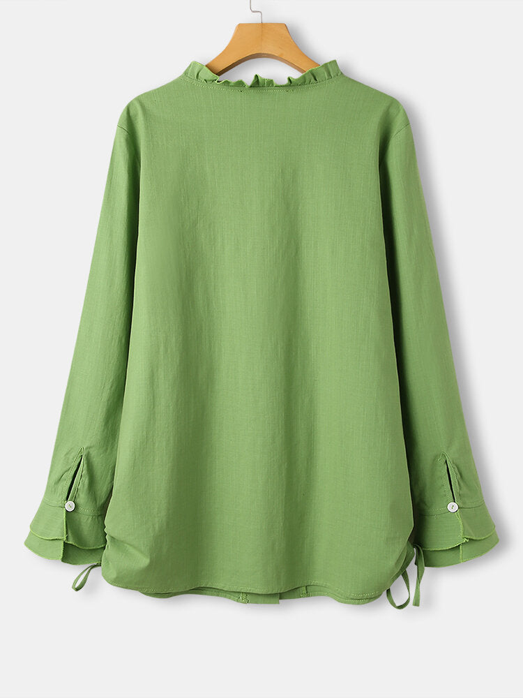 Women Green Ruffle Trim Long Sleeve Drawstring Button Casual Blouse