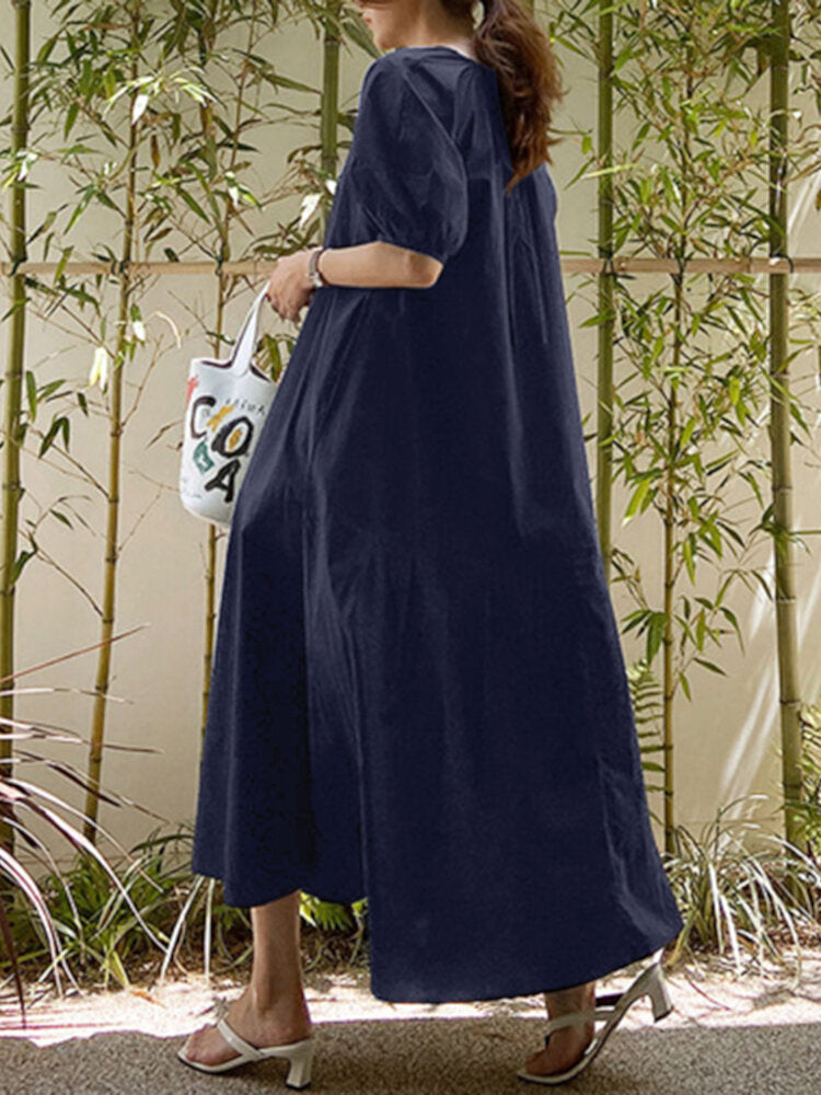 Solid Color O-neck Puff Sleeve Plain Casual Side Pocket Holiday Maxi Dress