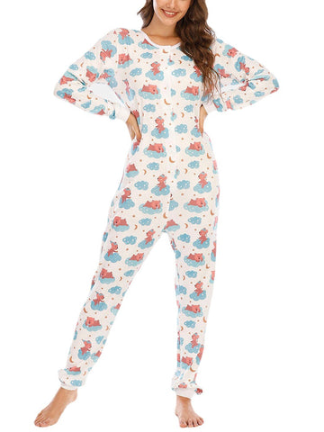 Plus Size Women Cute Cartoon Bear Print Round Neck Long Sleeve Half Button Home Sleepwear Rompers