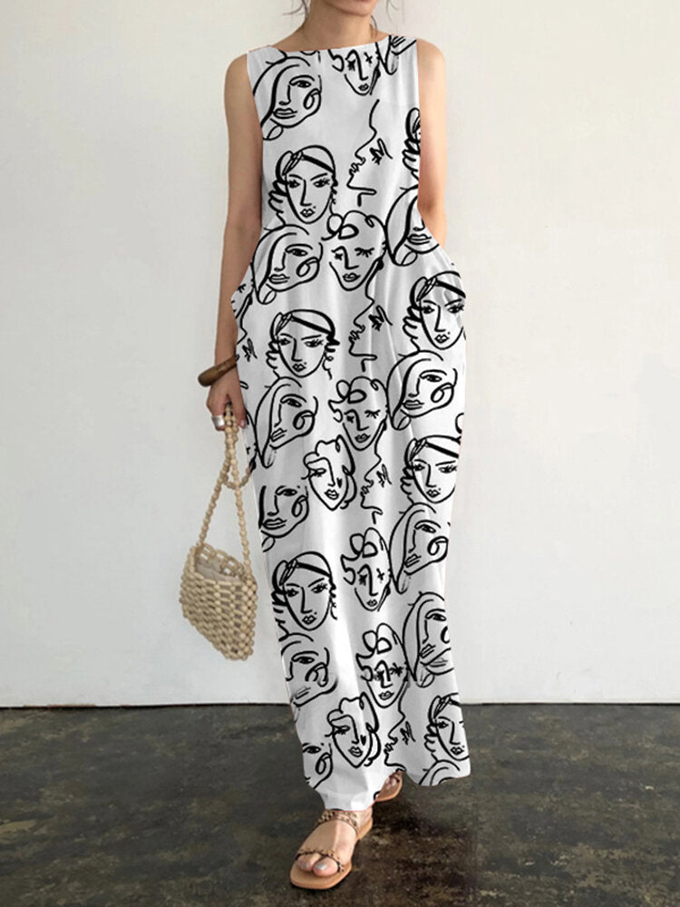 Sleeveless Print Pocket Round Neck Pattern Figure Maxi Dress