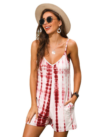 Tie-dye Print Holiday Sleeveless V-neck Sling Casual Jumpsuit