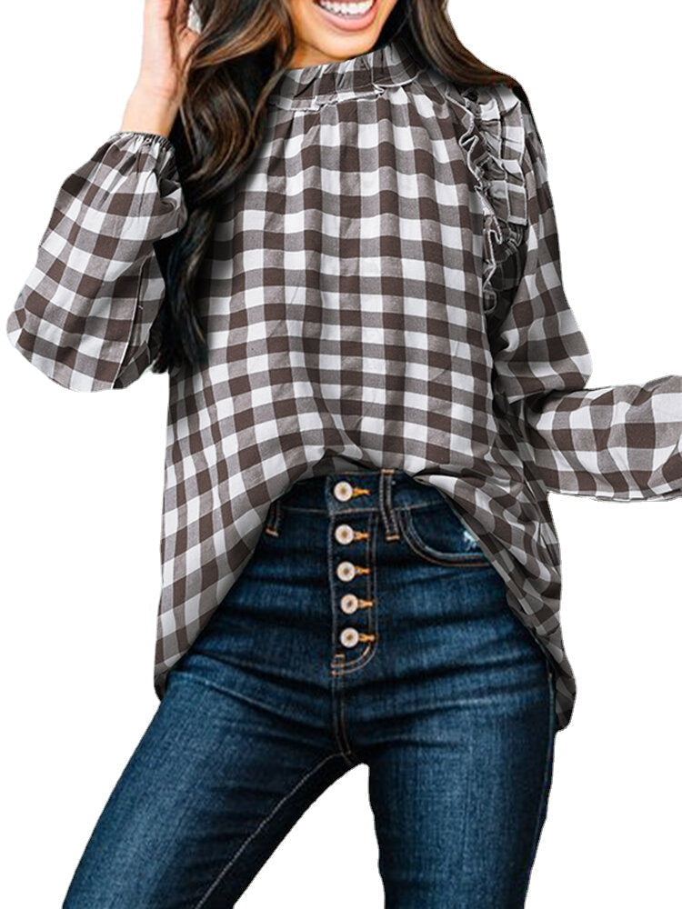 Plaid Long Sleeve Ruffles Casual Blouse For Women