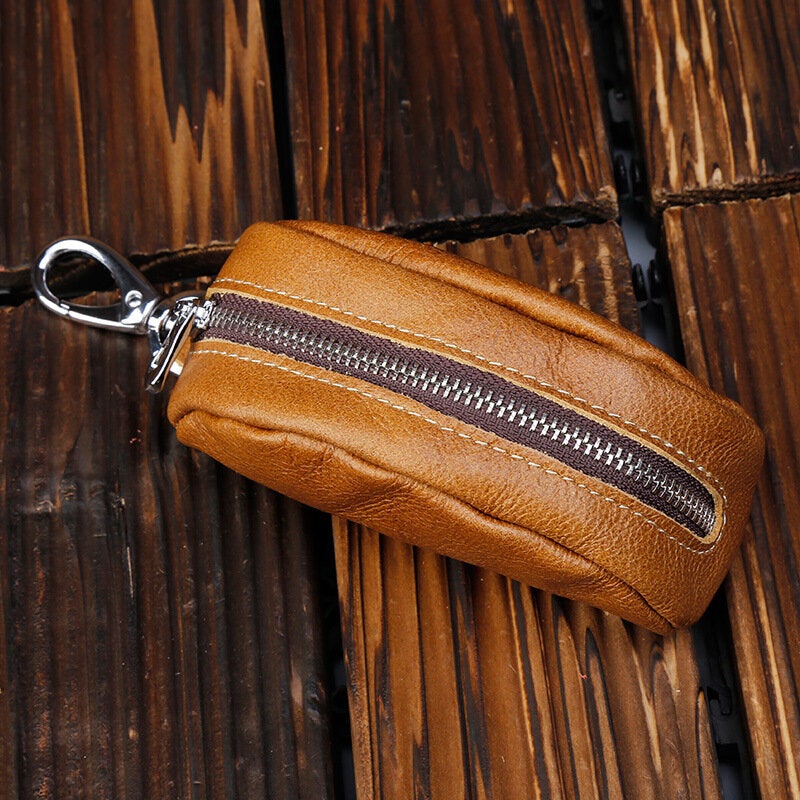 Men First Layer Cowhide Keychain Wallet Retro Casual Internal Zipper