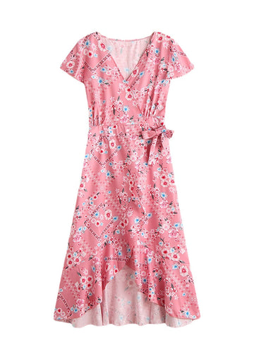 Bohemian Floral Print V-neck Drawstring Waist Short Sleeve Maxi Dress
