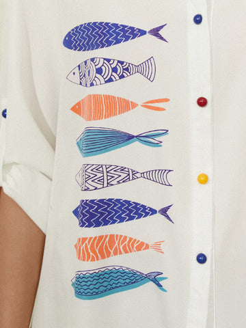 Fish Print Colorful Button Stand Collar Casual Long Sleeve Shirts For Women