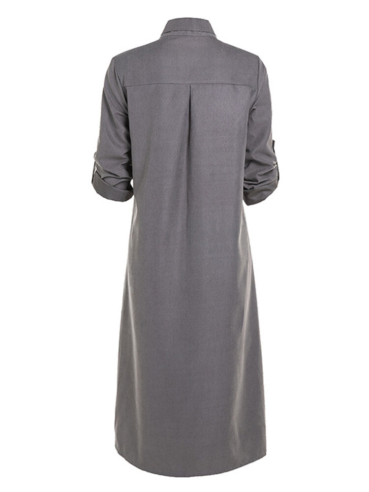 Women Long Adjustable Sleeve Button Turn-Down Collar Long Shirt Dress