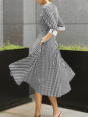 Grid Prited Plaid O-Neck Three Quarter Sleeve Back Zipper Midi Dress For Women