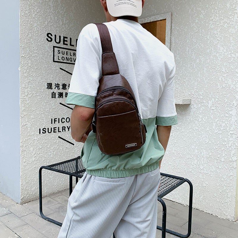 Men Multi-pocket PU Leather Crossbody Bag Chest Bag Sling