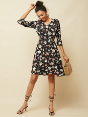 Long Sleeved V-neck Floral Print Chiffon Mini Dress
