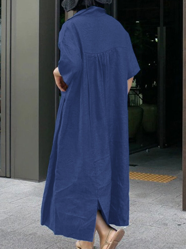 Solid Color Half Sleeve Lapel Loose Cotton Maxi Dress