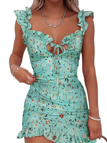 Women‘s Sleeveless Floral Print V Neck Stylish Beach Holiday Slim Dress