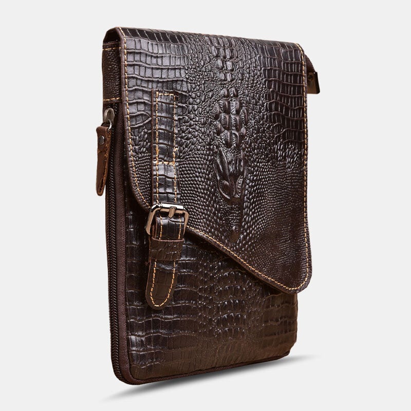 Men Genuine Leather Wear-Resistant Crocodile Texture Casual Crossbody Bag Shoulder