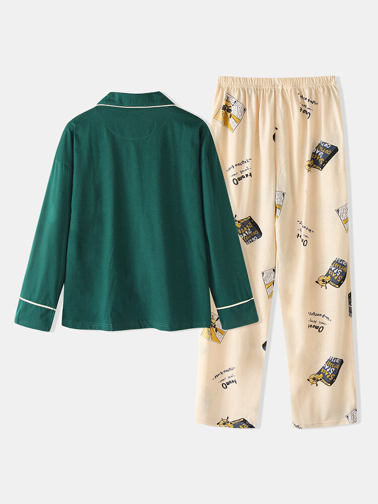 Plus Size Women Cartoon Print Revere Collar Long Sleeve Elastic Waist Home Pajama Set