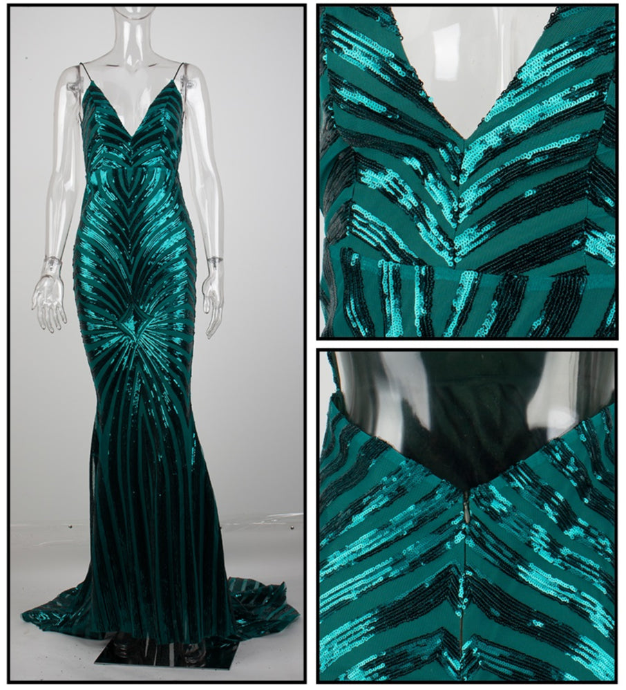 Love&Lemonade Sexy Green Deep V Neck Open Back Geometry Sequins Long Dress  LM81225