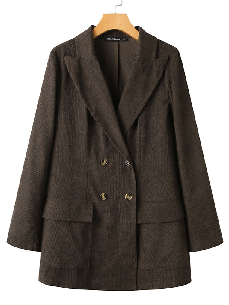 Women Corduroy Double Breasted Lapel Casual Long Sleeve Blazers With Pocket