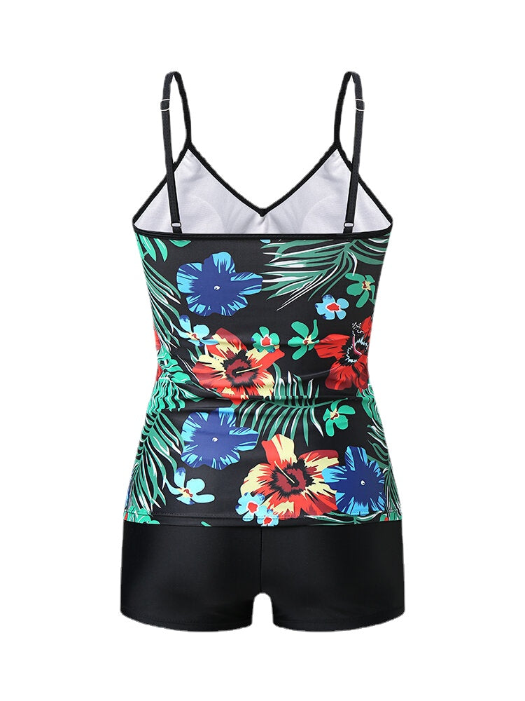 Women Tropical Leaves Pattern Wireless Padded V Neck Bikinis Swimsuits