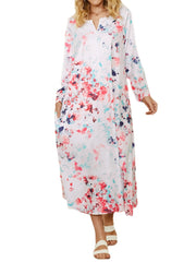 Women Print Long Sleeve Side Pocket Elegant Maxi Dress