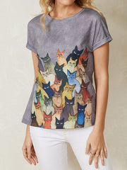 Women Cute Cat Print Round Neck Casual Short Sleeve T-Shirts