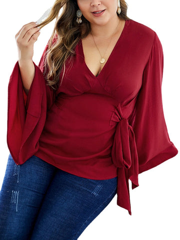 Plus Size Women Solid Color V-Neck Knotted Side Casual Long Sleeve Blouses