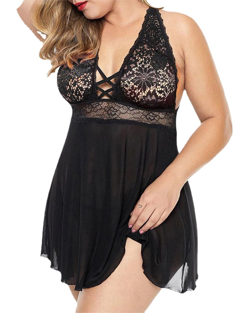Plus Size Women Lace Hollow Out Backless Perspective Nightgown
