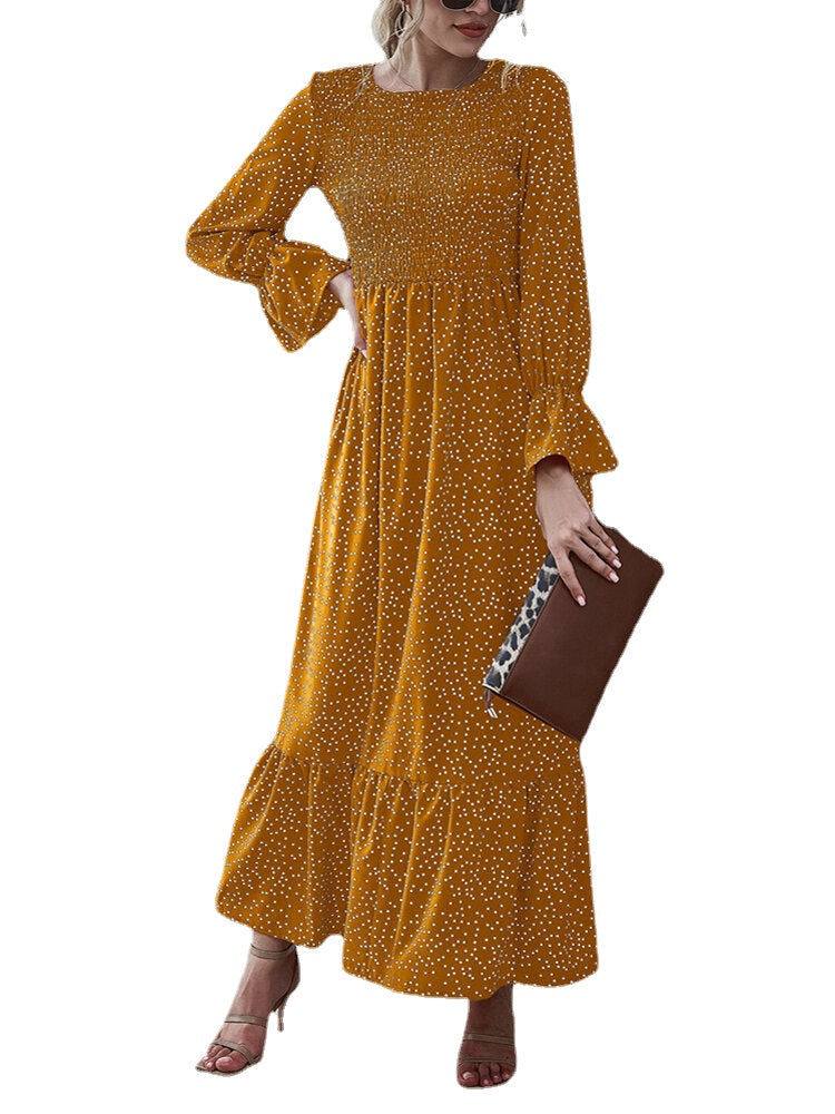 Women Polka Dot Print Pleated O-Neck Casual Long Sleeve Layered Maxi Dress