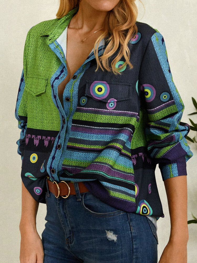 Women Mixed Pattern Patchwork Vintage Stylish Lapel Long Sleeve Shirt