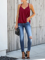 Casual Burgundy Halter V-neck Sleeveless Front Cross Elegant Tank Top