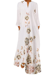 V-Neck Floral Printed Bohemian Full Sleeve Dress With Side Pockets For Women