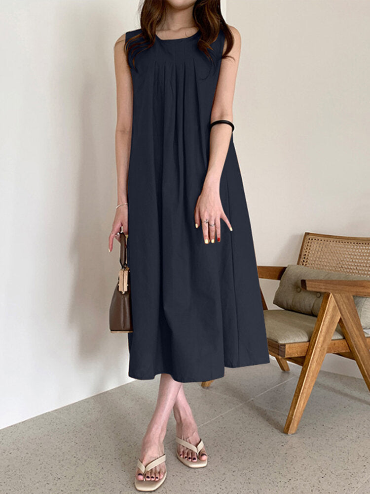 Women Solid O-Neck Sleeveless Bohemian Leisure Dress With Side Pockets