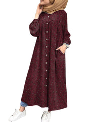 Women Floral Print Button Down Front Long Sleeve Pleated Shirt Maxi Dress With Pockets