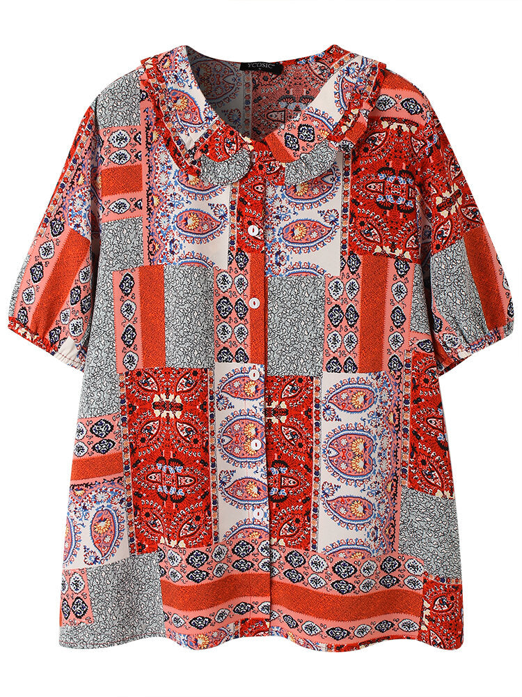 Women Vintage Ethnic Pattern Mixed Print Lapel Short Sleeve Button Casual Blouse