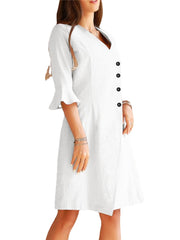 V-neck Oblique Placket Design Bell Sleeve Casual Dress