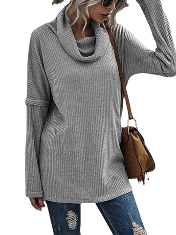 Women Solid Color Rib Knit Turtleneck Warm Long Sleeve Sweaters