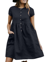 Solid Button Pocket Short Sleeve Casual Cotton Midi Dress