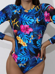 Tropical Leaves Print High Neck Backless Long Sleeve Slimming One Piece Women Swimwear