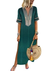 Vintage Women Folk Style V-Neck Short Sleeve Dress