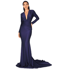 Love&Lemonade  Sexy NAVY Deep V-Neck Slim Fit Elastic Fabric Trai Ling Dress LM81535 NAVY