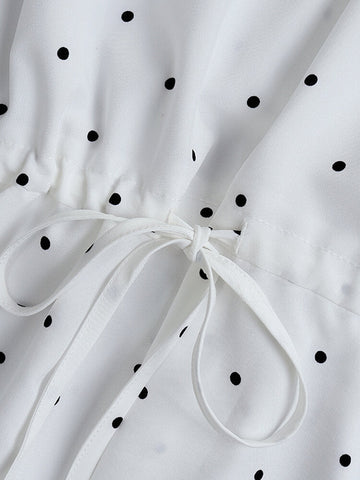 Half Sleeve Polka Dot Print Drawstring Waist Vintage Dress