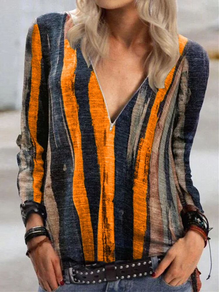 Women Colorful Stripe V-Neck Zip Front Casual Long Sleeve Blouses