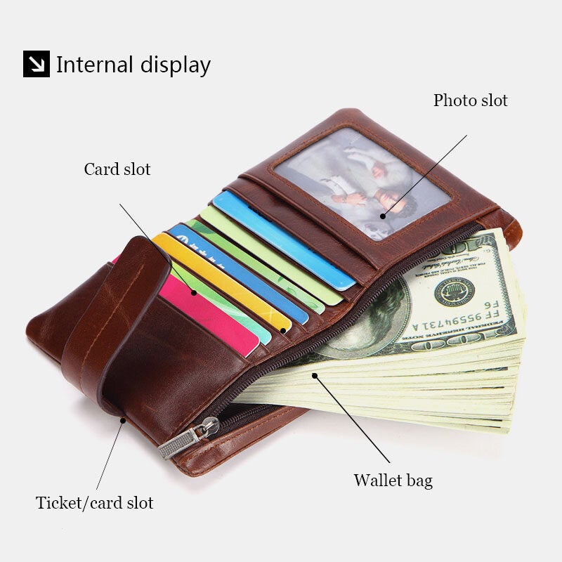 Men Genuine Leather Retro Zipper Cowhide Multi-slot Card Holder Wallet